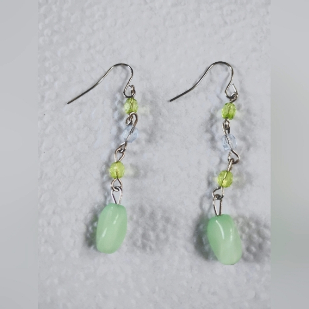 Elegant Green and Silver Tones Dangle Earrings Homemade